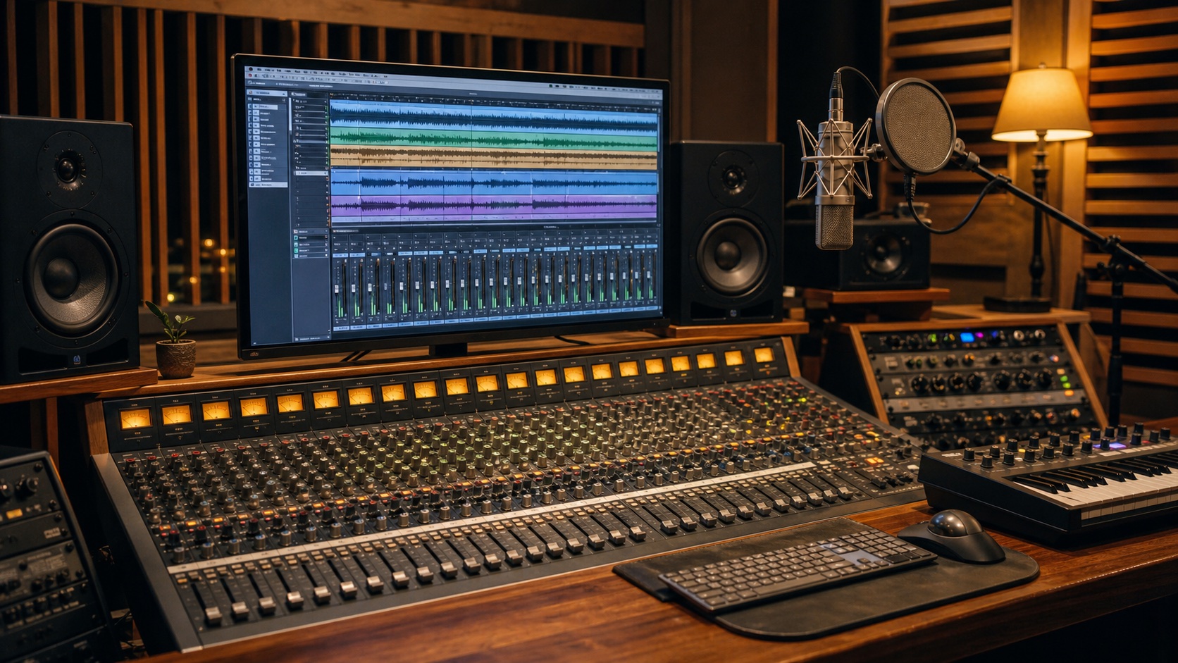 Consola profesional, micrófono y sesión multipista en un estudio de grabación